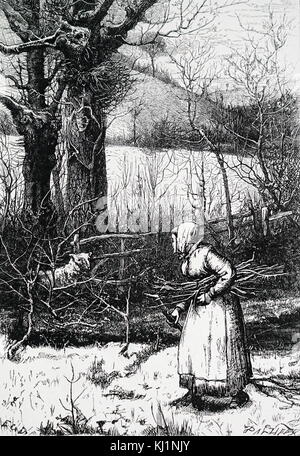 Incisione raffigurante una donna vecchia raccolta di legna da ardere da una siepe. Datata del XIX secolo Foto Stock