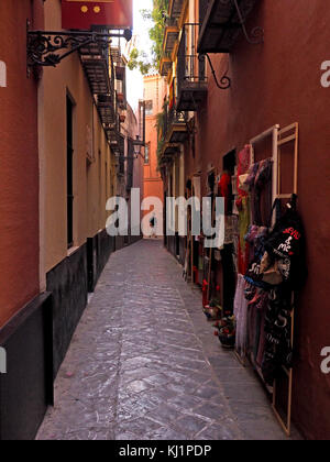 Scena di strada guardando giù uno stretto vicolo lastricato di una lontana anonimo figura nel vecchio quartiere di Santa Cruz di Siviglia, Spagna Foto Stock