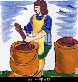 Illustrazione raffigurante una donna con una Jicara (cioccolato cup) e un pocillo (coppa) utilizzato per il serving di cioccolato. Recante la data del XXI secolo Foto Stock
