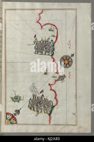 La mappa di Piri Reis, creata all'inizio del XVI secolo, raffigura la costa da Porec a Novi Grad, offrendo informazioni sulla cartografia e sulla navigazione. Questa mappa è una delle opere storiche più famose del suo genere. Foto Stock