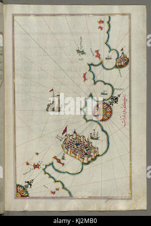 Questa mappa, creata dall'ammiraglio e cartografo ottomano Piri Reis, mostra la costa di Rovigno Nord, un lavoro significativo nella mappatura marittima all'inizio del XVI secolo. Foto Stock