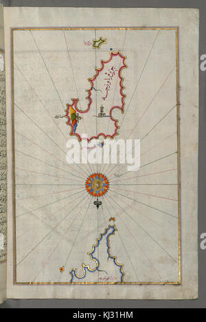 Questa pagina è la riproduzione di una foglia del famoso libro di navigazione di Piri Reis. L'opera, creata dall'ammiraglio e cartografo ottomano all'inizio del XVI secolo, è nota per le sue mappe e per le sue conoscenze sull'esplorazione del Mediterraneo e oltre. Foto Stock