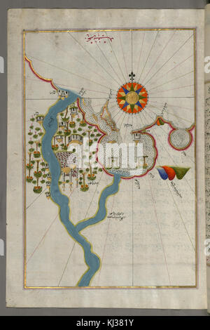 La mappa di Piri Reis, disegnata nel 1513, include un ritratto dettagliato della costa egiziana, concentrandosi sulla città di Damietta. Si tratta di una delle mappe storiche più significative, che offre uno scorcio sulla cartografia e sull'esplorazione marittima. Foto Stock