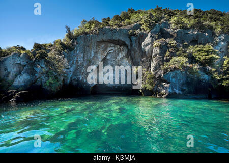 Antica pittura rupestre Maori e Carving Foto Stock