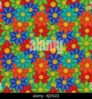 Seamless floral vector pattern con multicolore di fiori stilizzati in rosso, verde, blu, arancione e colori di giallo Illustrazione Vettoriale