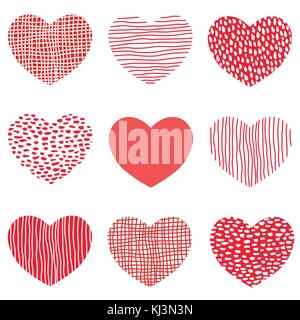 Cuori rossi pattern di mano bozzetto cuore icone art design per il giorno di San Valentino. Illustrazione Vettoriale