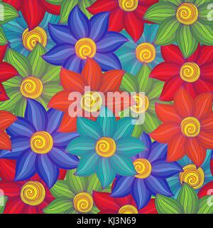 Seamless floral vector pattern con stilizzata in sordina fiori di colore rosso, verde, blu, arancio e sfumature giallo Illustrazione Vettoriale