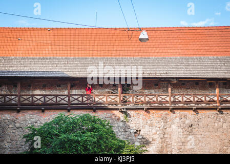 Uomo che gioca tromba sulle mura dell'Arsenale della città vecchia di Lviv, la città più grande dell'Ucraina occidentale Foto Stock