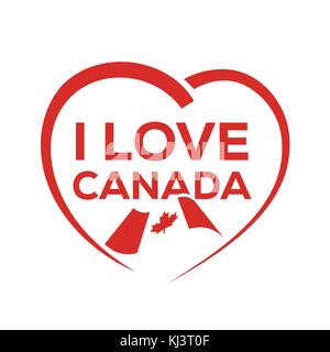 Io amo il Canada con il contorno del cuore e la bandiera canadese, icona design, isolati su sfondo bianco. Illustrazione Vettoriale