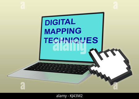 Illustrazione 3D dello script "TECNICHE DI MAPPATURA DIGITALE" con l'icona della mano puntata rivolta verso lo schermo del notebook Foto Stock