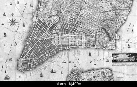 Incisione di una mappa della città di New York intitolata "A New and accurate plan of the City of New York in the state of New York in North America", di John Roberts, Benjamin Taylor Surveyor, 1797. Dalla New York Public Library. Foto Stock