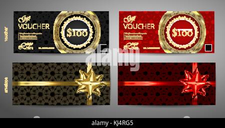 Set di voucher regalo modello con configurazione premium e design a busta. Buono regalo Buono certificato modello di disegno vettoriale. Illustrazione Vettoriale