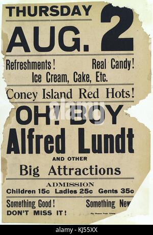 Un poster per un 2 agosto prestazioni di oh! Ragazzo interpretato da Alfred lunt, vari cibi e altre attrazioni sono anche pubblicizzati, lunt era un regista e attore, lui era uno di broadway leader guarda maschio del xx secolo, 1910. dalla biblioteca pubblica di new york. Foto Stock