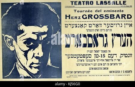 Un poster scritto in yiddish che pubblicizzava una performance teatrale di Herz Grossbard, era un interprete noto per le sue esibizioni teatrali e discorsi in yiddish, 1935. Dalla New York Public Library. Foto Stock