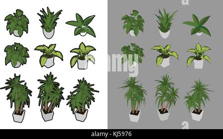 9 houseplants isometrica con e senza contorno nero. 3d'iso prospettiva. Illustrazione Vettoriale