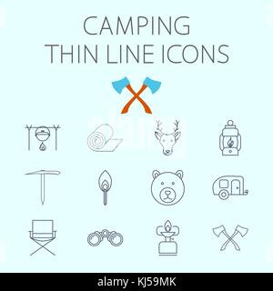 Camping linea sottile icona vettore per il web e applicazioni per dispositivi mobili. Il set include - pot, mat, cervi, lanterna, piccozza, orso, sedia, ax, match, rimorchio, bino Illustrazione Vettoriale