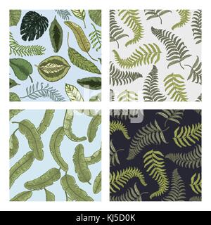 Tropicale o foglie esotiche. seamless pattern. foglia di diversi vintage cercando piante. palm con banana botanica set. Fiori incisi vintage, disegnato a mano. botanico prodotto organico. sfondo verde. Illustrazione Vettoriale