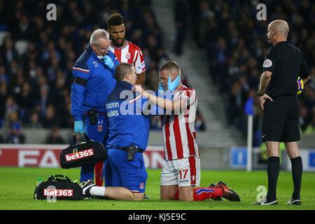 Ryan Shawcross ottiene il trattamento durante il match di Premier League tra Brighton e Hove Albion e Stoke City presso la American Express Community Stadium di Brighton e Hove. 20 Nov 2017. **** Solo uso editoriale *** FA Premier League e Football League immagini sono soggette a licenza DataCo vedere www.football-dataco.com Foto Stock