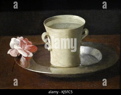 Pittura intitolata 'la tazza di acqua e una rosa su un piatto d'Argento" da Francisco de Zurbarán (1598-1664) un pittore spagnolo più noto per i suoi dipinti di soggetto religioso e still-life. Risalenti al XVII secolo Foto Stock