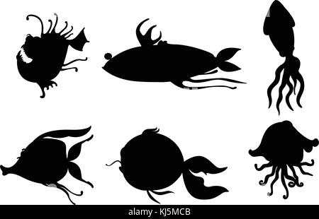 Illustrazione delle sagome delle creature del mare su sfondo bianco Illustrazione Vettoriale