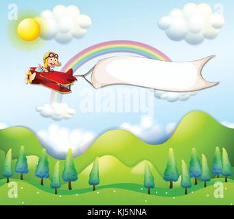 Illustrazione di una scimmia in sella a un aereo di colore rosso con un banner di vuoto Illustrazione Vettoriale