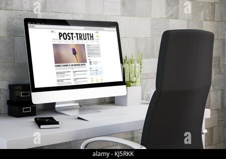 rendering 3d dell'area di lavoro industriale che mostra notizie post verità sullo schermo del computer. Tutte le immagini dello schermo sono composte. Foto Stock