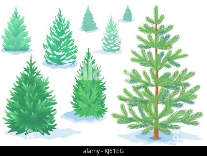 Un set di pini, abeti con gradi variabili di dettaglio. Illustrazione Vettoriale