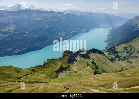 Ferrovia di Brienz Rothorn e lago di Brienz dalla cima del Brienzer Rothorn, Svizzera Foto Stock