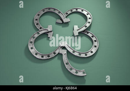 Quattro verde ferri di cavallo in metallo formato nella forma di un shamrock isolato su un sfondo verde -3d render Foto Stock