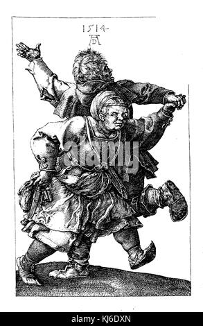 Coppia contadina tedesca danzante. Dopo un'incisione del 1514 di Albrecht Dürer (Tanzendes Bauernpaar. Nach einem Kupferstich von 1514 von Albrecht Dürer) Foto Stock