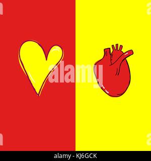 Freehand doodle illustrazione vettoriale realistico anatomiche del cuore umano romantico simbolo colorato di rosso sfondo giallo. cardiologia salute trapianto Illustrazione Vettoriale