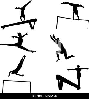 Impostare le atlete ginnasti in ginnastica artistica silhouette Illustrazione Vettoriale