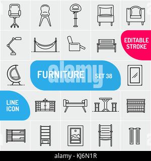 Moderna linea sottile mobili set di icone. di qualità premium interni outline Symbol collection. semplice mono arredi lineari pittogramma pack. vettore di corsa di grafica per il web. Illustrazione Vettoriale