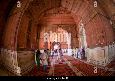 Delhi, India - 27 settembre 2017: unidentified gente camminare nella sala all'interno del tempio di Jama Masjid moschea di Delhi, India, effetto fish-eye Foto Stock