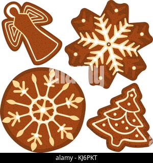 Luminose poster colorati con lo zenzero natale albero del pane, Angelo, il simbolo del fiocco di neve. Illustrazione Vettoriale