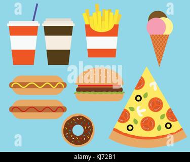 Illustrazione Vettoriale di vari un fast food alimenti e bevande, adatto per la scheda del menu - design piatto Illustrazione Vettoriale