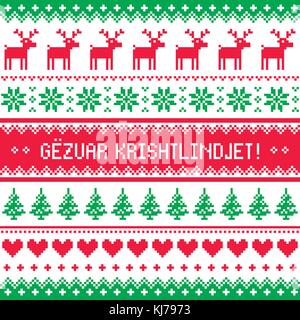 Gezuar krishtlindjet - Inverno rosso e verde gretting card, per celebrare il Natale in Albania - stile scandinavo pattern Illustrazione Vettoriale