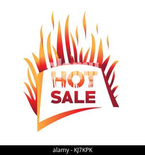 La Vendita calda con fiamme, fiamme con vendita calda, vendita calda illustrazione, bold vendita calda segno, vendita calda vettore, isolati su sfondo bianco. Illustrazione Vettoriale