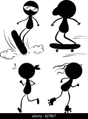 Illustrazione delle sagome di persone che si impegnano in diverse attività all'aperto su uno sfondo bianco Illustrazione Vettoriale