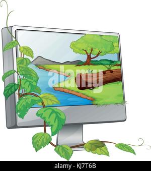 Illustrazione di un monitor che mostra un fiume in un bosco su uno sfondo bianco Illustrazione Vettoriale