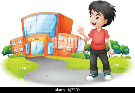 Illustrazione di un ragazzo che sta di fronte alla scuola su sfondo bianco Illustrazione Vettoriale
