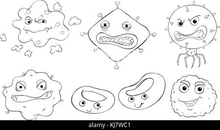 Illustrazione delle sagome delle facce di diversi mostri su sfondo bianco Illustrazione Vettoriale