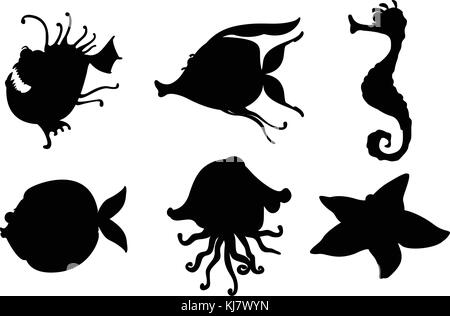 Illustrazione delle sagome delle creature del mare su sfondo bianco Illustrazione Vettoriale