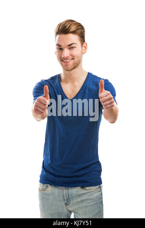 Buona ricerca giovane con una faccina sorridente e Thumbs up, isolati su sfondo bianco Foto Stock