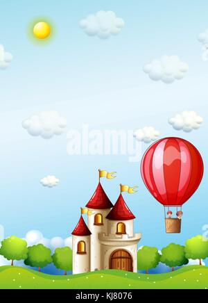 Illustrazione di due ragazzi in sella ad una mongolfiera vicino al castello Illustrazione Vettoriale