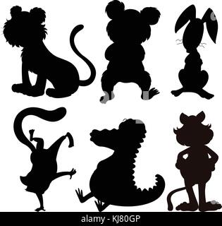 Illustrazione dei sei sagome di animali selvatici su sfondo bianco Illustrazione Vettoriale