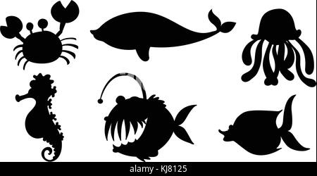 Illustrazione delle creature del mare nei colori nero su sfondo bianco Illustrazione Vettoriale