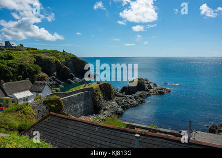 Cadgwith cove in Cornovaglia la costa meridionale è un piccolo villaggio di pescatori che ha due piccole baie, prima è una spiaggia di lavoro le altre una spiaggia per nuotare. Foto Stock