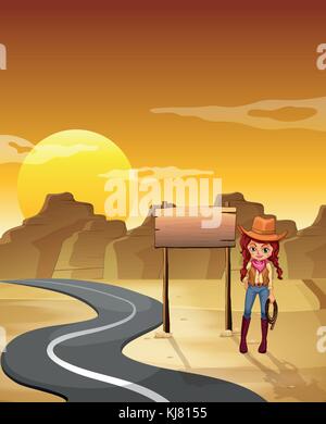 Illustrazione di un cowgirl in piedi accanto a un vuoto cartello in legno lungo la strada Illustrazione Vettoriale