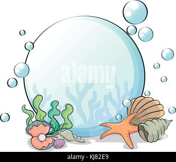 Illustrazione di una sfera di cristallo con conchiglie su sfondo bianco Illustrazione Vettoriale